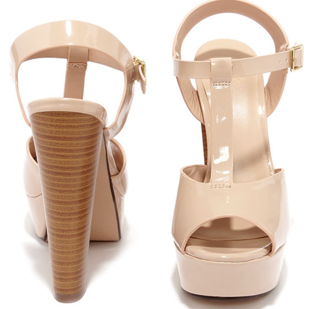 Glossed & Found Nude Patent T Strap Platform Heel